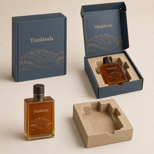 Boîte cadeau rigide bleu marine personnalisée professionnelle avec estampage à chaud en cuivre motif paysage montagneux pour emballage de whisky 750 ml - Product Image 2