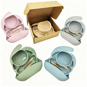 Juego de Alimentación para Bebés de Silicona 100% Libre de BPA, Platos con Succión, Babero, <span class=keywords><strong>Cubiertos</strong></span>, Cuchara, Precio de Fábrica - Product Image 1