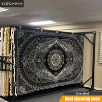 Présentoir à échantillons de tapis grand format avec système de suspension à clip, rail à double roue et étagère métallique pour salle d'exposition