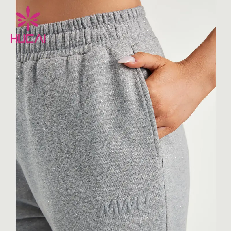 HUCAI custom high quality Womens Puff printing 100%cotton Shining sports workout running gym sweatpants for women