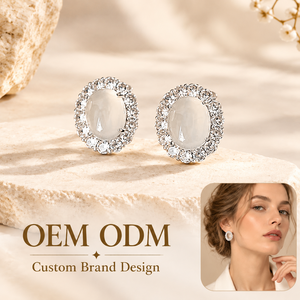 Boucles d'oreilles clous ovales en acier inoxydable avec agate blanche et zircon cubique, style halo, élégantes, pour femmes, vente en gros OEM/ODM - Product Image 1