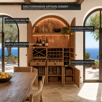 Niche à vin en bois de chêne cintrée de style méditerranéen sur mesure avec rangement intégré pour villa de luxe en bord de mer