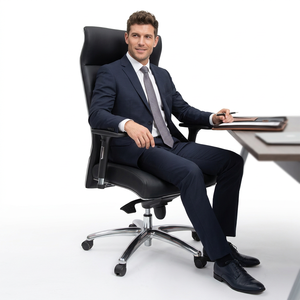 Chaise de bureau exécutive moderne à dossier haut en cuir PU noir avec base en acier chromé, accoudoirs pivotants et réglables - Product Image 1