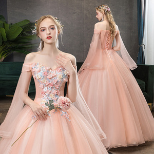 Pink Off The Shoulder Chiffon Ball Gown Dress With Floral Embellishment Empire Waistline Long Tutu Skirt For Wedding Hostess - Product Image 1