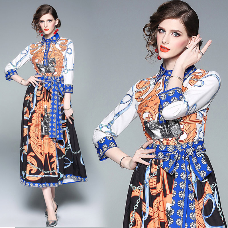 2021 в европейском стиле новые женские лодочки в стиле ретро с принтом плиссированные большие качели платье