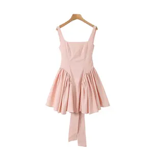 OEM/ODM Summer style pink color back bow tie shoulder strap casual summer cotton mini dress pleated casual fashion