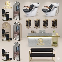 Ensemble complet de mobilier moderne pour salon de coiffure et hôtel : Fauteuil de barbier, bac à shampoing, miroir LED, canapé d'accueil
