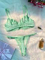 Ensemble de Lingerie Sexy Brodé Soutien-Gorge et String pour Femme, Bonnets 3/4 Push-up, en Maille Transparente, Motif Floral, Bretelles Réglables