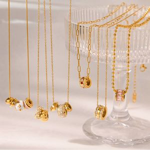 ชุดสร้อยคอเครื่องรางนำโชค ทอง 18K สแตนเลส ประดับเพชรพลอยสีชมพู ดีไซน์เรขาคณิต ของขวัญเครื่องประดับ - Product Image 2