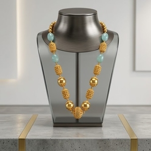 Collar Mala Antiguo de Plata 925 con Cuentas Verde Agua y Diseño de Cuentas Doradas, Joyería Étnica Tradicional para Mujer - Product Image 2