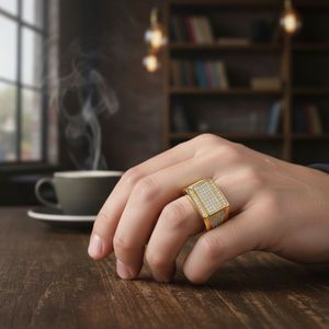Men's Yellow <b>Gold</b> Moissanite <b>Cocktail</b> <b>Ring</b> Round Brilliant Cut Pave Setting Geometric Luxury Style Everyday Wear - Product Image 3