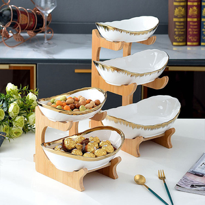 European Style Dried Fruit <strong>Tray</strong> 3 Tier <strong>Candy</strong> Dessert Serving Plate High Ceramic Dried Fruit Plate With Wooden Stand - Product Image 4