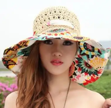 Fashion Hook Printing Travel Hats Sun Women Sunshade Bowknot Straw Hat Summer Wide Brim Beach Floral Straw hat