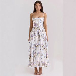 ZHEZHE Elegante <span class=keywords><strong>Abito</strong></span> Lungo Floreale con Design Sottile e Aura Feerica, Vestito Estivo Vintage Europeo-Americano per Donne - Product Image 1