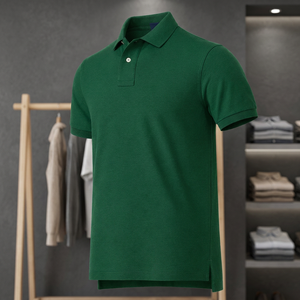 Polo à manches courtes vert uni pour homme, en coton tricoté, décontracté, anti-plis, coupe classique - Product Image 3
