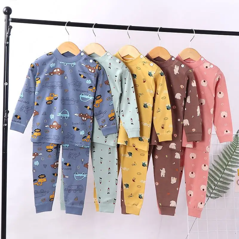 Cotton Long Sleeping Wear For Children Baby Cotton-Cotton Warm Round Neck Pajamas For Kids Boys Girls For Home Wear 2 Piece Sets