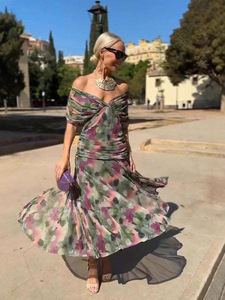 Robe longue décontractée à col unique en maille polyester et élasthanne imprimée, col bateau, printemps-été - Product Image 2