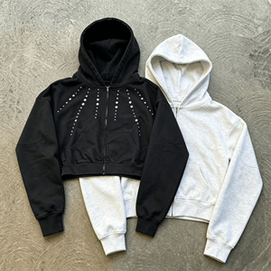 Custom Streetwear Drop Shoulder Boxy Fit French Terry 100% Cotton <b>Zip</b> up Rivet Studded Heavyweight Men Hoodies - Product Image 6