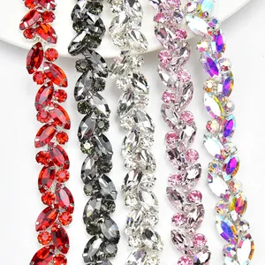 Wholesale Colorful Glass Crystal Eye gems Chain Bridal Sewing Rhinestone Trimming Applique for Belt Dress Clothing Decoration