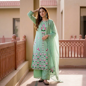 Ensemble indien pakistanais vert brodé verticalement, comprenant une longue kurta, un palazzo et un châle, à motifs floraux, séchage rapide, idéal pour les fêtes et les mariages - Product Image 1