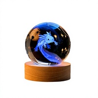 Boule de cristal fantaisie, petite lampe de nuit, gravure laser 3D, axolotl, rose, lune, planète, galaxie avec lumière LED en bois, décoration d'intérieur