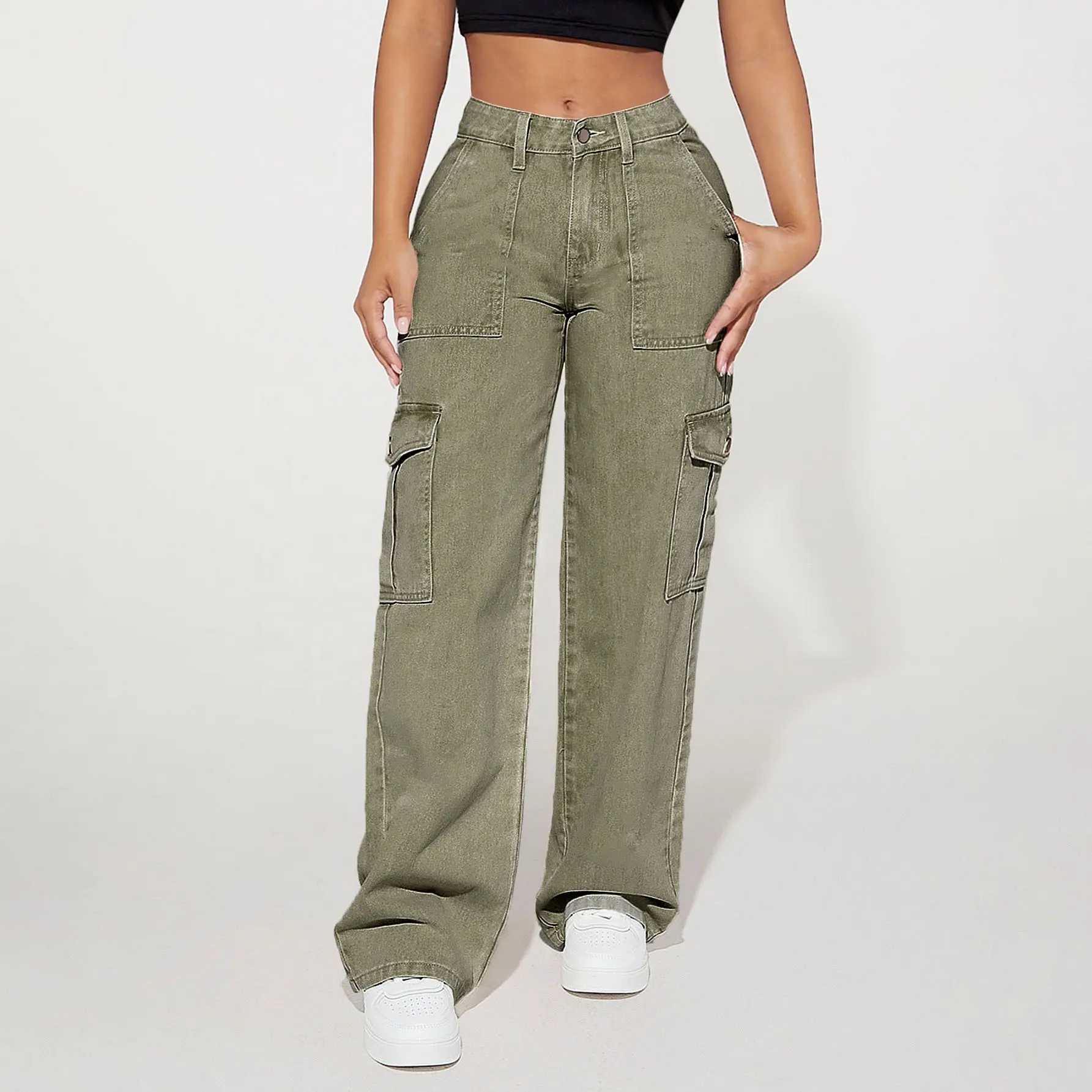 WJ276 ODM OEM women's jeans high waist flap pocket cargo denim jeans women's cargo pants jeans