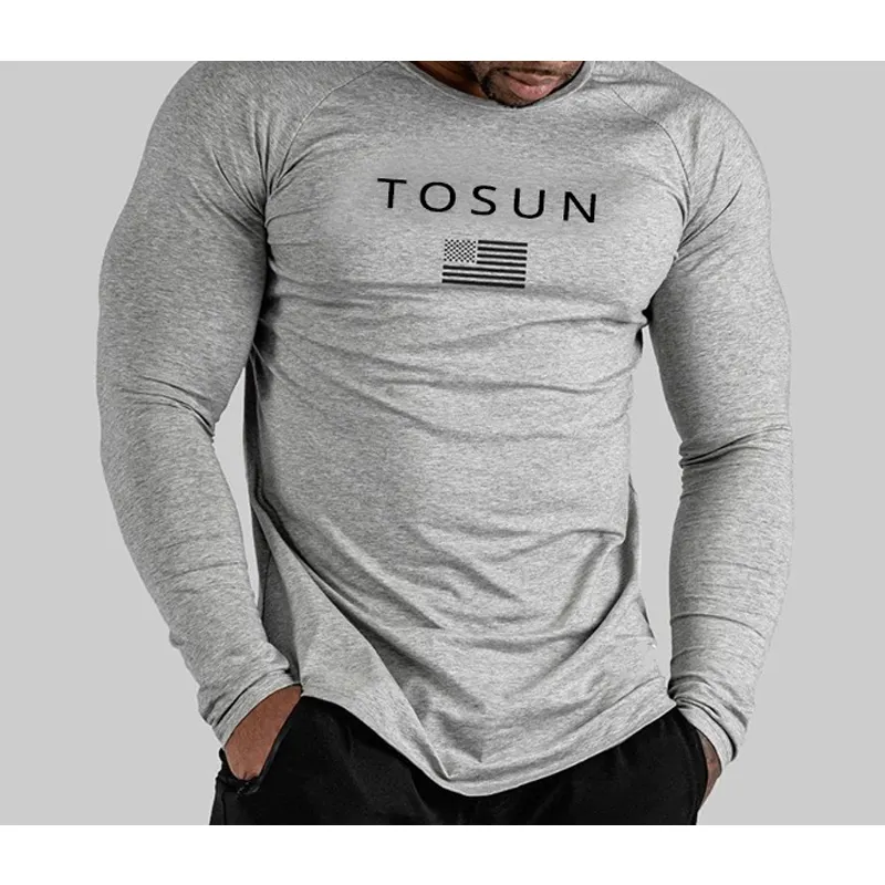 Pas Ademende T-Shirt Katoenen Sport Gym Heren Lange Mouw T-Shirts Bedrukking