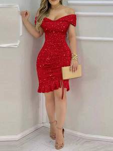 Abito Senza Maniche <span class=keywords><strong>con</strong></span> Paillettes - Vestibilità Aderente <span class=keywords><strong>con</strong></span> Pieghe - <span class=keywords><strong>Gonna</strong></span> a Tubino <span class=keywords><strong>con</strong></span> Volant - Abito da Sera Sexy e Snellente - Product Image 4