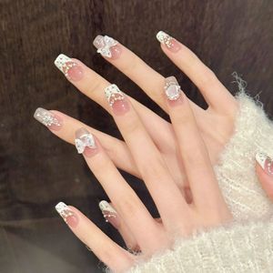 Faux ongles à presser blancs crémeux effet œil de chat, French manucure avec nœud et faits main, formes amande, carrée, ovale, stiletto, 10 pièces, vente en gros - Product Image 6