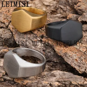 Gold Plated Mens Brushed 316 Stainless Steel Minimalistic Ring Geometric Hexagon Logo Name Engraving Biker Rings Customized