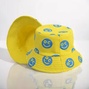 Summer New Smiling Face Sombrero De Cubo Printing Fisherman Hat Double-Sided Recreational Sunshade Basin Fashion Bucket Hat