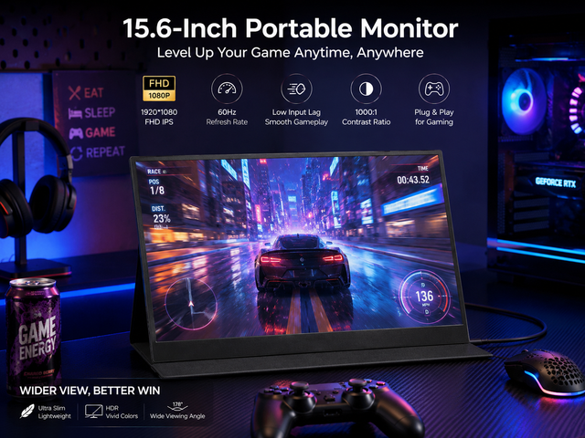 15.6 Inch Portable Gaming Monitor 1920x1080 FHD IPS Display Slim Lightweight Dual Port USB-C HDMI