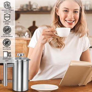 Cafetière à piston en acier inoxydable 304 avec système de filtration à 4 niveaux, 1L, pour la maison et le bureau – Offre Spéciale - Product Image 3