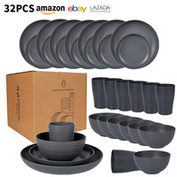 Service de table moderne et minimaliste en paille de blé et plastique PP gris, résistant aux chutes et compatible micro-ondes, pour 4/6/8 personnes