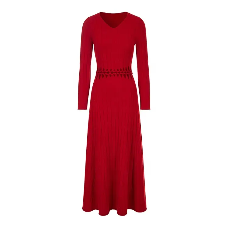 Knitwear Manufacturer Custom Autumn Winter Red V Neck Long Sleeve Women Wool Knit Sweater Dress