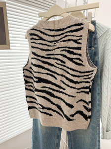 Chaleco de punto con estampado de cebra y cuello en V para mujer, suéter sin mangas informal, chaleco tejido para damas, ropa exterior para superponer, venta al por mayor - Product Image 2