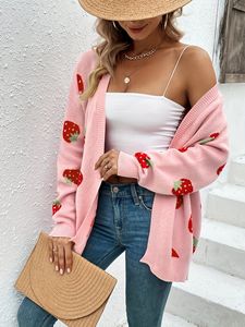 Cardigan pour <span class=keywords><strong>femme</strong></span> à motif fraises, côtelé, pour tous les jours, polyvalent, style décontracté, <span class=keywords><strong>pull</strong></span> tricoté - Product Image 1