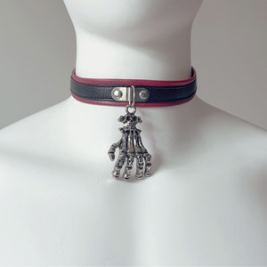 Red Black Leather <b>Choker</b> Skeleton Hand Pendant Punk Hip Hop Unisex Necklace Party Fashion Accessory - Product Image 3