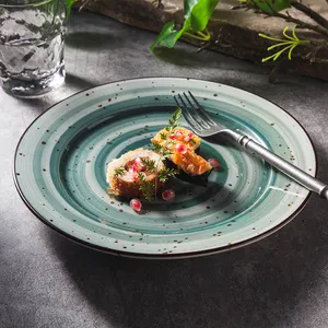 Nordic Round Green Color Kiln Reactive Glaze Speckled Porcelain Tabaklar Flat Ceramic Crockery Dinner Dish Plate