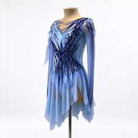 Robe de patinage et de danse bleu clair pour enfants et adultes, à épaules dénudées, manches longues en maille, dos orné de strass en forme de branche, pour compétition et spectacle de patinage sur glace
