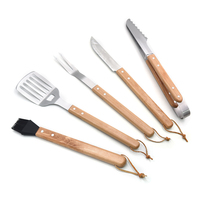 Ensemble d'ustensiles de barbecue en acier inoxydable en gros : Spatule ajourée, fourchette, couteau, pinces à aliments, pince à huile avec manche en bois – Gadgets de cuisine pour grillades