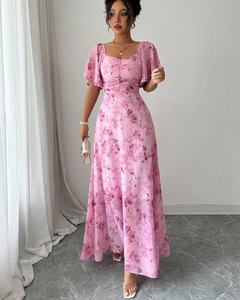 Robe <span class=keywords><strong>longue</strong></span> décontractée pour femme en mousseline de soie, imprimé floral et papillons, col <span class=keywords><strong>carré</strong></span>, manches courtes volantées, taille froncée, coupe évasée fluide - Product Image 2