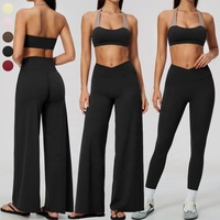 Ensemble de sport color block pour femme : Soutien-gorge de sport dos nu, Legging de yoga taille haute à coupe croisée en V, Pantalon large – Tenue d'entraînement et de fitness