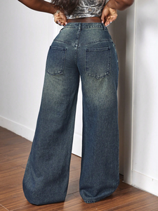 Jeans <span class=keywords><strong>Baggy</strong></span> Personalizzati da <span class=keywords><strong>Donna</strong></span>, Stile Streetwear Hip-hop, Gamba Larga, Alta Qualità, Effetto Vintage Sbiadito e Usurato - Product Image 4