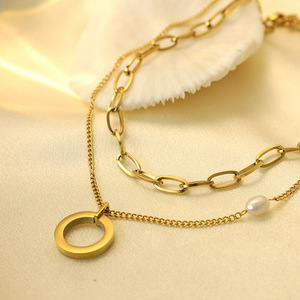 Simple Stylish Double Layer Stainless Steel <b>Necklace</b> With Pearl <b>Ring</b> Pendant For Office Wear Geometric Design Gold Color - Product Image 3