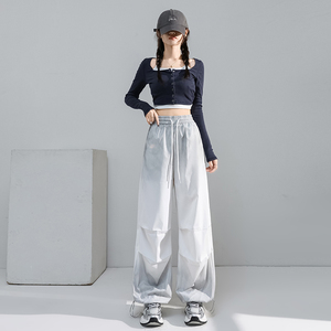 Pantaloni <span class=keywords><strong>Cargo</strong></span> a gamba larga con laccio a vita alta stile americano Casual pantaloni della tuta a gamba larga - Product Image 3