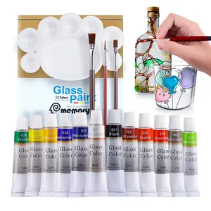 记忆12色丙烯酸玻璃涂料套装艺术绘画颜料套装玻璃-包括3个刷子和1个调色板