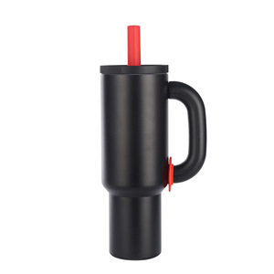 Gobelet isotherme noir en acier inoxydable avec poignée et paille, double paroi sous vide, pour le bureau et l'extérieur - Product Image 1
