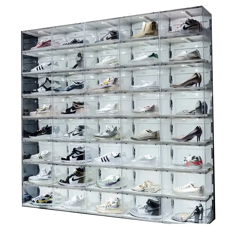 Professionale impilabile banco di mostra acrilico scatola di scarpe magneyic con ottimo prezzo
