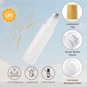 <b>Mini</b> 1ml 2ml 10ml Frosted Glass Roller for <b>Bottles</b> Essential Oils Transparent Cylindrical Roll Containers Wood Grain Cap Gold - Product Image 2